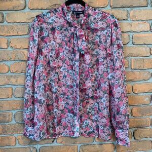 INC International Concepts Womens Large Pink Floral Print Tie Neck Blouse Button